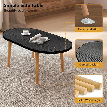 Oval Coffee Table Low Table with 4 Solid Wood Sturdy Legs, Floor Table Desk for Sitting on The Floor, Storage and Living Room Furniture (Black)