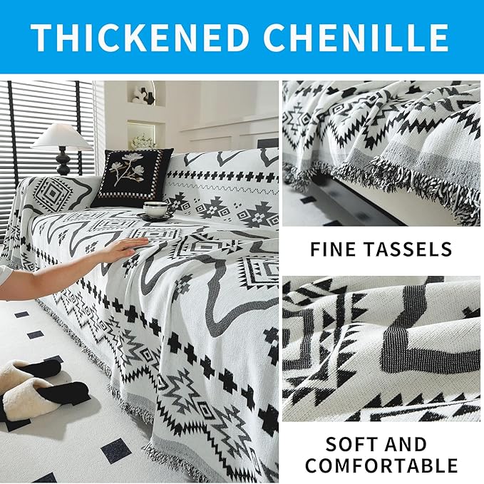 LUFEIJIASHI Boho Couch Covers for Sofa Non Slip Sofa Covers Washable Couch Covers for 3 Cushion Couch Sofa Pet Friendly Sectional Couch Cover Blanket Furniture Protector for Dogs (Black, 91"x134")