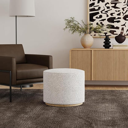 Bouclé Ottoman with Wooden Base – 22” Round Upholstered Footrest, Cream Bouclé with Gray Yarns, Modern Accent Stool for Living Room & Bedroom