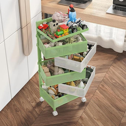 Rotating Kitchen Storage Rack No Assembly, Fruit Basket,Bathroom Storage Cart,Kitchen Organizers and Storage Cart on Rolling Wheels(Green White, 5 Tier-Square)