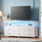 Huuger LED TV Stand for Bedroom, 55 Inch Fabric Dresser with Power Outlets, Entertainment Center for 60, 55, 50 Inch TV, 6 Drawer Dresser for Bedroom, Chest of Drawers with Shlef, PU Leather, White