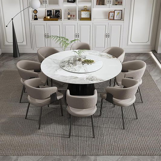 Ball & Cast 9-Piece Dining Set,Faux Marble Table with Detachable Rotating Tray & 8 PU Leather Chairs,Modern Kitchen Dining Room Table Set w/Stainless Steel Base,for Restaurant & Home,Grey