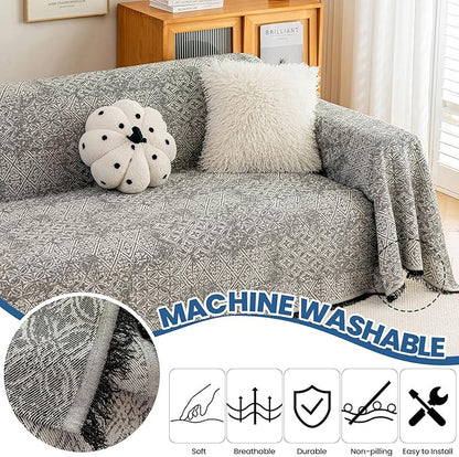STACYPIK Geometric Pattern Sofa Cover Blanket, Black Couch Throw for Living Room, Couch Covers for Dogs, Washable Furniture Protector for 2 Cushion Sofa with Tassel, Anti-Slip Throw Cover-71X118IN