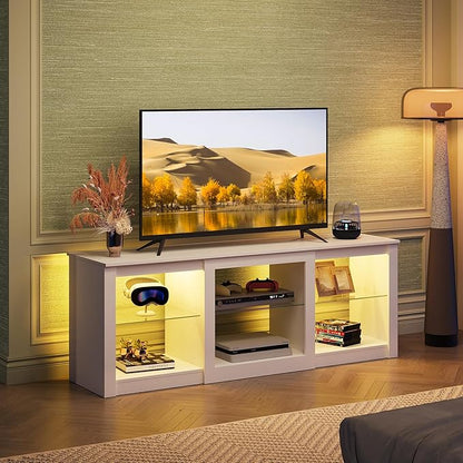 WLIVE LED TV Stand for 65 Inch TV, Modern Entertainment Center with Adjustable Glass Shelves & Customizable LED Lights, Sturdy Media Console for Living Room, Bedroom,Gaming (White)