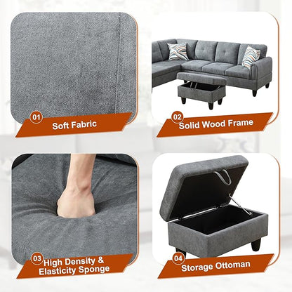 Osparple L Shaped Couch Sectional Couches for Living Room Upholstered Fluffy Fabric 3 Pieces Modular Sectional Sofa with Chaise, Ottoman with Storage for Living Room and Small Apartment, Dark Grey