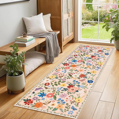 Runner Rug for Entryway: 2.6x8 Kitchen Rugs Non Slip Washable Ultra-Thin Soft Floral Carpet Indoor Floor Stain Resistant Carpets for Hallway Bedroom Kitchen Laundry Bathroom Dorm Beige