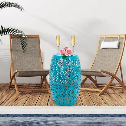 HPC Decor Outdoor Side Table - 18.3" Tall Iron Side Table with Waterproof Solar Powered Light, Cutout Blue End Table,Small Patio Side Table for Outside,Backyard, Pool, Indoor,Decorative Garden Stool.