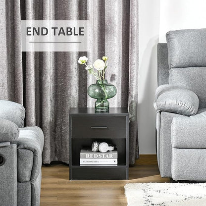 HOMCOM Modern Accent End Table with Drawer and Storage Shelf, Sofa Side Table for Living Room, Black Wood Grain