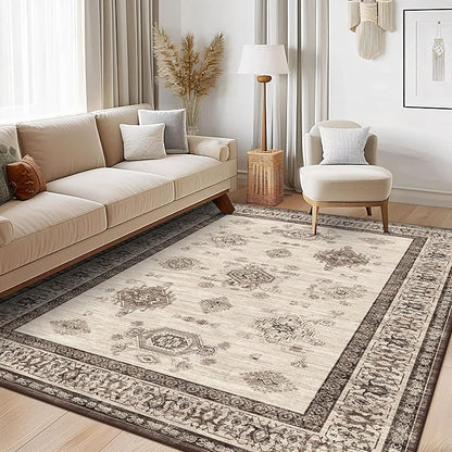 2X5 Area Rugs Machine Washable Rugs for Living Room, Vintage Boho Large Rugs for Bedroom Dining Room, Non Slip Indoor Soft Distressed Lightweight Thin Low Pile Carpet, Beige