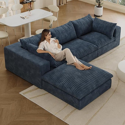 118.2" L Shaped Modular Sectional Cloud Couch with Ottoman, Plush Corduroy Upholstered Compression Sofa, 4-Seat Deep Seat Boneless Sofa Couches with Throw Pillow