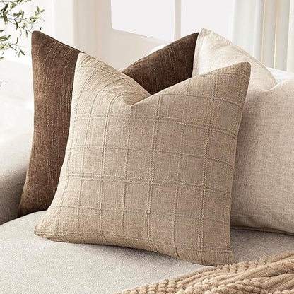 Foindtower Set of 2 Decorative Linen Check Throw Pillow Covers Neutral Farmhouse Vintage Cushion Covers Modern Coastal Boho Home Decor For Sofa Chair Couch Bedroom Living Room Outdoor,18×18 Inch,Camel