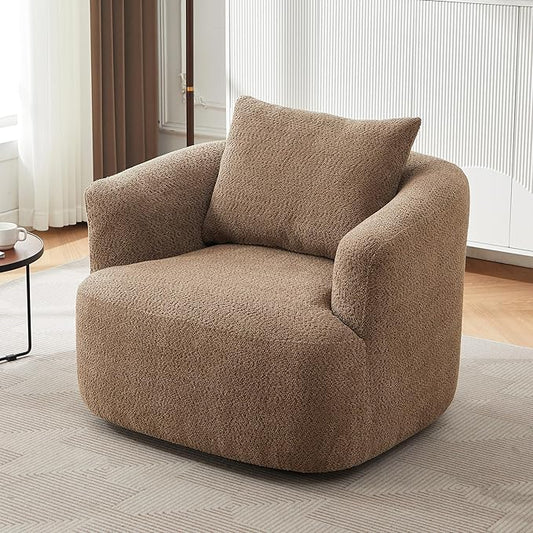 Merax Modern Cozy Chenille 360° Swivel Sofa Chair with a Throw Pillow, 38.2" Upholstered Leisure Barrel Accent Armchair with Deep Seating for Living Room Bedroom,Office, Hotel, Dark Brown