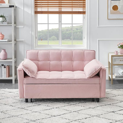 Ball & Cast Convertible Sofa Bed,Loveseat Sleeper Sofa W/Pull-Out Bed,Convertible Pull Out Couch W/2 Pillows,Adjustable Backrest&Side Pocket,Corduroy Futon Couches for Living Room,Apartment,Pink,54"