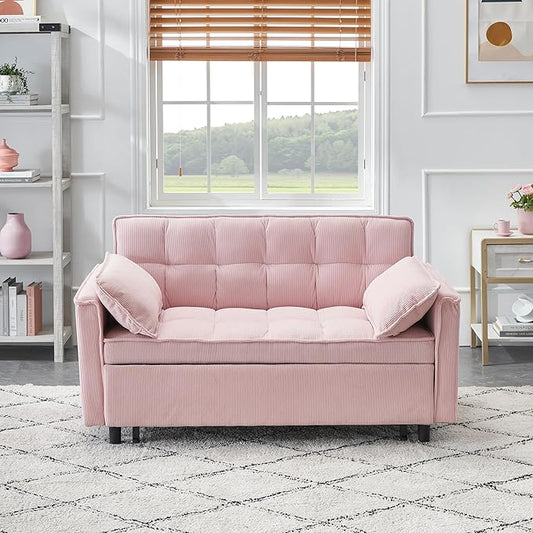 Ball & Cast Convertible Sofa Bed,Loveseat Sleeper Sofa W/Pull-Out Bed,Convertible Pull Out Couch W/2 Pillows,Adjustable Backrest&Side Pocket,Corduroy Futon Couches for Living Room,Apartment,Pink,54"