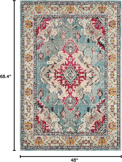 SAFAVIEH Monaco Collection Accent Rug - 4' x 5'7", Light Blue & Fuchsia, Medallion Distressed Design, Non-Shedding & Easy Care, Ideal for High Traffic Areas in Entryway, Living Room, Bedroom (MNC243J)