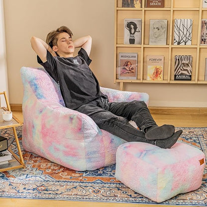 Bean Bag Chair, Sherpa Accent Beanbag Chair and Ottoman Set, Fur Faux BeanBag Chair with Memory Foam Filled, Lazy Sofa Comfy Cozy BeanBag Chair for Dorm, Apartment, Living Room (Colorful)