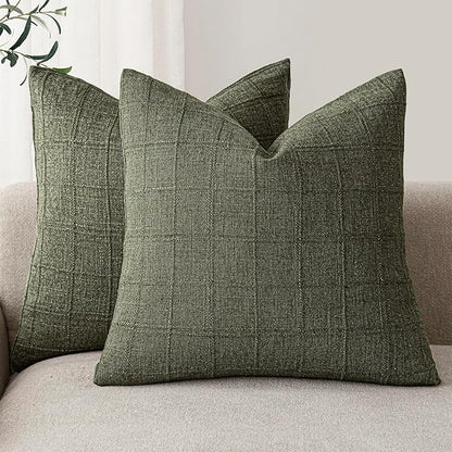 Foindtower Set of 2 Decorative Linen Check Throw Pillow Covers Neutral Farmhouse Vintage Cushion Covers Modern Boho Home Decor for Sofa Chair Couch Bedroom Living Room Outdoor,22×22 Inch,Olive Green