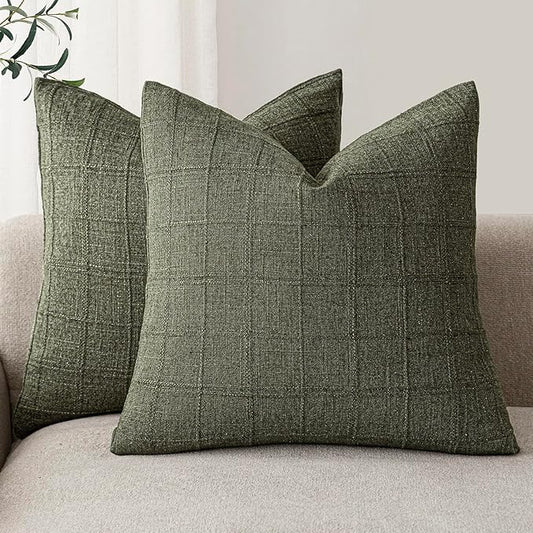 Foindtower Set of 2 Decorative Linen Check Throw Pillow Covers Neutral Farmhouse Vintage Cushion Covers Modern Boho Home Decor for Sofa Chair Couch Bedroom Living Room Outdoor,16×16 Inch,Olive Green