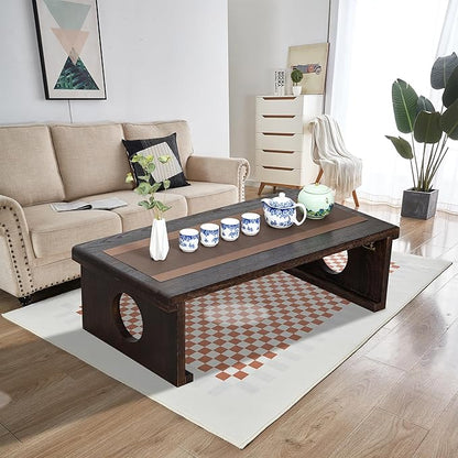 Foldable Japanese Coffee Table，Folding Japanese Floor Table，Natural Brown Coffee Table, Minimalist Tatami Table, Suitable for Living Room,Dining Room, Etc. (Antique Black, 39.4″x19.7″x11.8″)