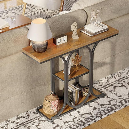 GiftGo Narrow Console Table for Entryway Industrial Sofa Table Behind Couch Ellipse Frame Rustic Wooden Accent Tables with Storage Shelves for Living Room, Hallway, Foyer (Brown)