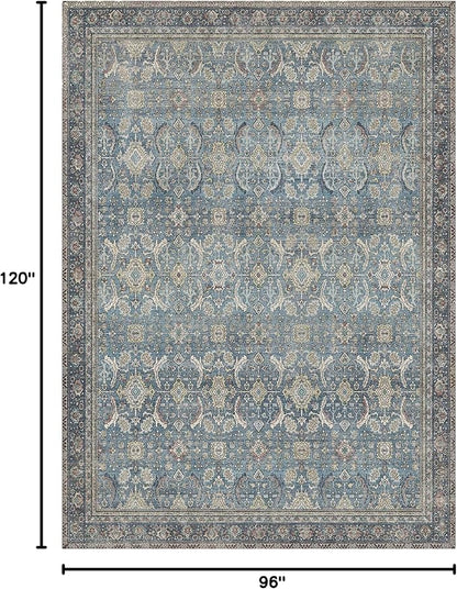 8X10 Area Rugs Machine Washable Rugs for Living Room, Vintage Boho Large Rugs for Bedroom Dining Room, Non Slip Indoor Soft Distressed Lightweight Thin Low Pile Carpet, Vintage Blue