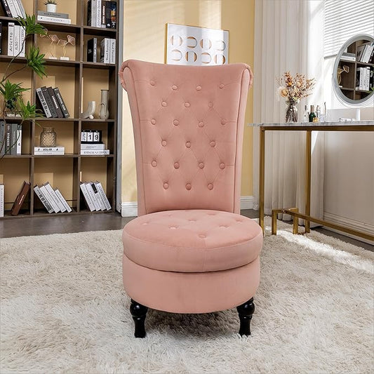 Container Furniture Direct Royal High-Back Velvet Accent Chair for Vanity with Storage and Luxurious Upholstery, Retro Design and Versatile Usage for Living Room, Bedroom, Lounge and Office, Rose