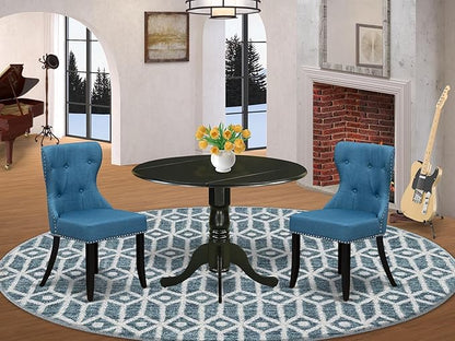 East West Furniture DLSI3-BLK-21 3 Piece Dining Table Set for Small Spaces Contains a Round Dining Room Table with Dropleaf and 2 Blue Linen Fabric Parsons Chairs, 42x42 Inch, Black