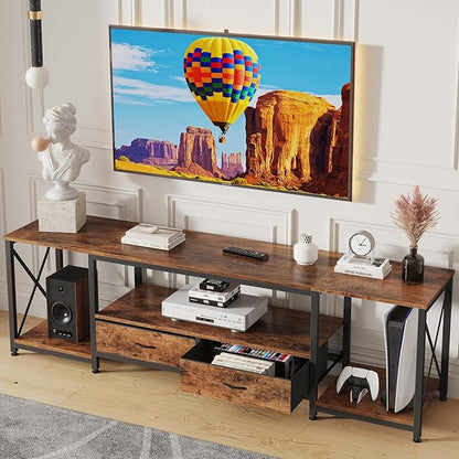 TV Stand with Fabric Drawers - Entertainment Center and Industrial Console Table with Open Storage Shelves for Living Room, Bedroom - 71.5" Rustic Brown