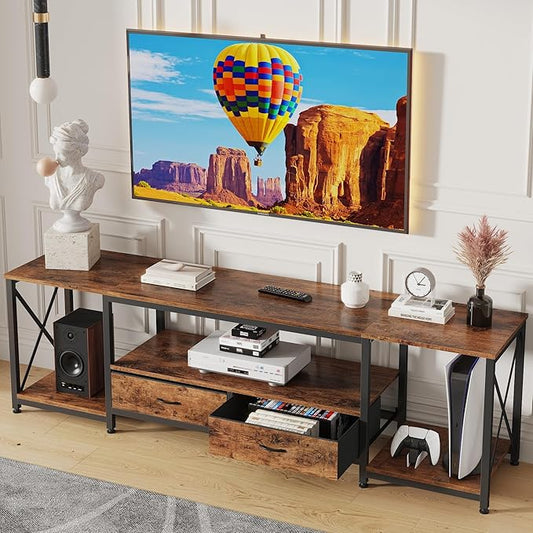 TV Stand with Fabric Drawer - Entertainment Center and Industrial TV Console Table with Open Storage Shelves for Living Room, Bedroom - 55.1" Rustic Brown