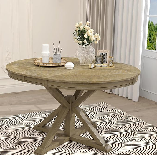 Need 42 Inch Round Dining Table Extendable to 54 Inch with 12" Leaf, Retro Expandable Kitchen Table for Dining Room & Living Room, Solid Wood (Natural Wood Wash)