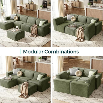 LINSY HOME Modular Sectional Sofa, 105" Boneless Couch U Shaped 3-Seat Sofa with 2 Ottomans, Corduroy Sectional Cloud Couches for Living Room, No Assembly Required, Green