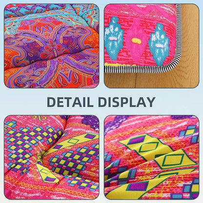 Bohemian Retro Japanese Floor Mattress, Vintage Floral Tatami Floor Mat, Portable Roll up Futon Mattress for Guest,Tavel (D,Queen80 X 60")