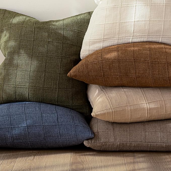 Foindtower Set of 2 Decorative Linen Check Throw Pillow Covers Neutral Farmhouse Vintage Cushion Covers Modern Boho Home Decor for Sofa Chair Couch Bedroom Living Room Outdoor,24×24 Inch,Tan Taupe