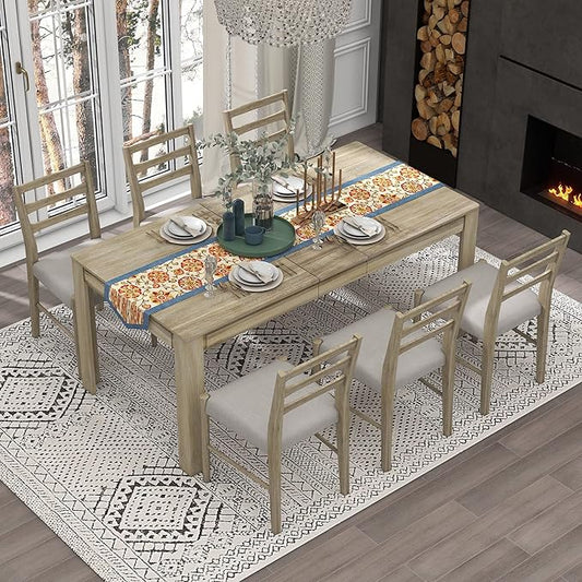 7-Piece Wooden Dining Set with Mutifunctional Extendable Table 12" Leaf and 2 Drawers,Rubber Wood Structure W/ 6 Soft Cushion Chairs,for Dining Room,Natural Wood Wash