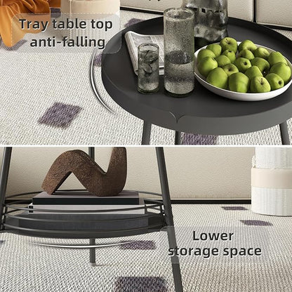 Benkyo 2 Tier Black Metal Round Side Table Tiered Two Shelf Storage Coffee Sofa End Table for Living Room and Bedroom,Black