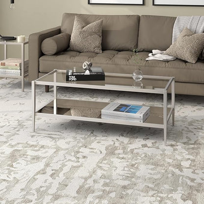 Henn&Hart 45" Wide Rectangular Coffee Table with Mirror Shelf in Satin Nickel, Coffee Table coffee tables for living room, studio apartment essentials