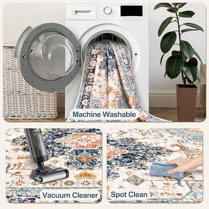 Tangsoo 2x6 Washable Runner Rug for Hallways, Non Slip Vintage Rugs, Soft Low Pile, Print Distressed Blue/Orange Carpet Runners for Kitchen Bedroom Entryway Bathroom Living Room