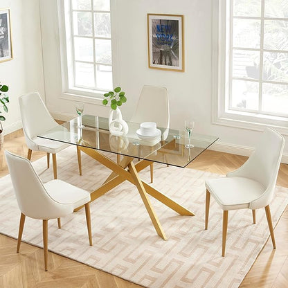 Edwin's Choice 58.5” Rectangle Glass Dining Table, Tempered Glass Table Top and Metal Tubular Legs, Modern Style Table for Home, Kitchen, Dining Room 58.5”Lx29”Wx30”H, Gold