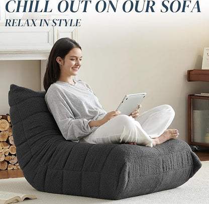 Bean Bag Chair, Fireside Chair Bean Bag Sofa for Adults, Bean Bag Chairs for Teens with High-Resilience Foam, Memory Foam & Non-Slip Base Bean Bag for Living Room, Bedroom, Office (Teddy, Dark Gray)
