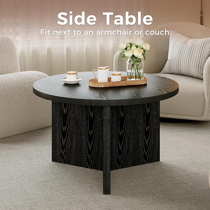 Luoxiao Small Round Coffee Table for Living Room Minimalist Center Table for Small Space Modern End Table with Adjustable Feet Pads Black
