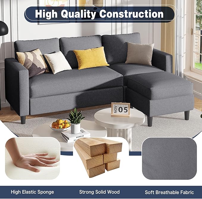 Small Sectional Sofa Couch, 3 Seat L Shaped Couches with Ottoman, Upholstered Fabric Convertible Sofa, Small Couch for Apartments, Living Room and Office (Dark Grey)