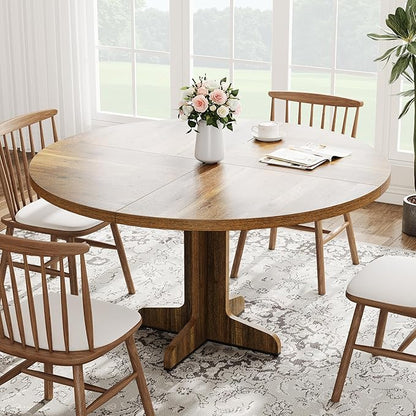 GarveeHome Round Dining Table for 4, 47 Inch Farmhouse Circle Kitchen Table with Wood Tabletop and Stable Base, for Home Dining Room Living Room, Brown (Only Table)