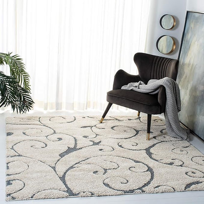 SAFAVIEH Florida Shag Collection Area Rug - 6'7" Square, Beige & Blue Grey, Scroll Design, Non-Shedding & Easy Care, 1.2-inch Thick Ideal for High Traffic Areas in Living Room, Bedroom (SG455-1155)