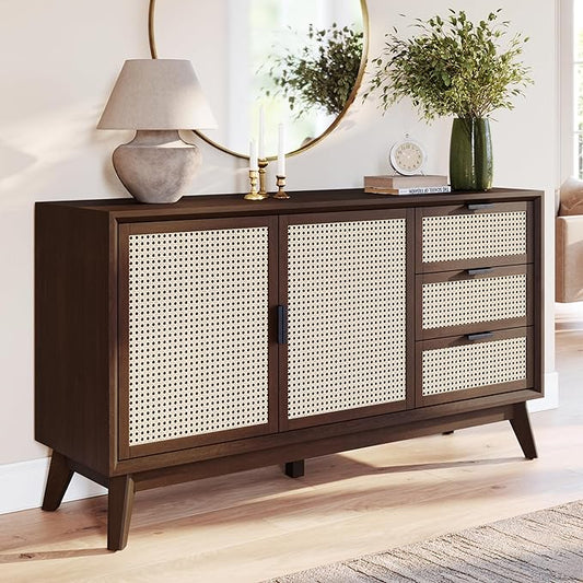 Bme Jasper Sideboard with 3 Drawers & 2 Rattan Doors, Buffet Cabinet with Storage for Dining Room, Living Room, Adjustable Shelves, Walnut