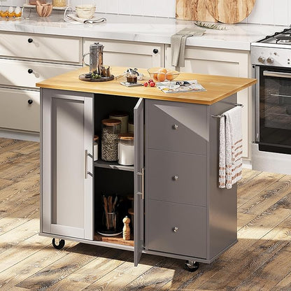 Shintenchi Rolling Kitchen Island Cart with Folding Drop Leaf Breakfast Bar, Portable Trolley Island with Large Storage Cabinet, Shelf and Drawer, Gray