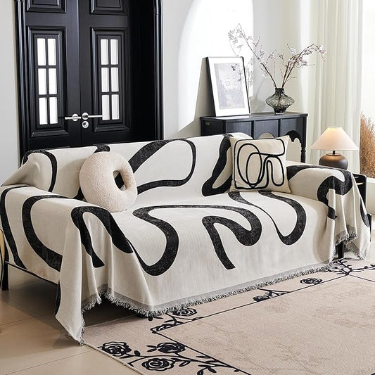 MYSKY HOME Couch Cover for 3 Cushion Couch Sofa Cover, Super Soft Boho Couch Covers for Dogs Washable, Jacquard Sofa Slipcover Furniture Protector for Living Room, 91" x 134", Black Curve