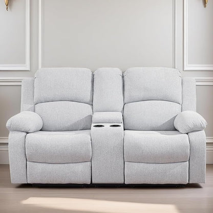 Loveseat Recliner Sofa, Reclining Loveseat Couch with Storage Console, Modern Comfy Home Theater Seating Power Recliner Chair with Cup Holders for Living Room Furniture Sets, Grey White