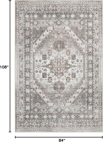 zesthome 7x9 Area Rug, Super Soft Washable Rugs for Living Room, Non-Slip Stain Resistant Vintage Rugs, Ultra-Thin Large Area Rugs (Brown/Beige,7'x9')