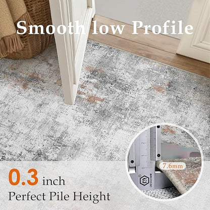 9x12 Washable Area Rug Grey Rust Modern Neutral Abstract Living Room Bedroom Indoor Floor Carpet Low Pile Soft Non-Slip Lightweight Vacuumable Large Throw Rug for Kitchen Dining Room