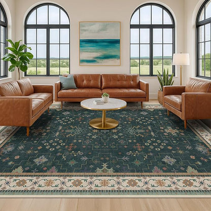 Dark Green Vintage 8x10 Washable Rugs for Living Room - Dark Academia Victorian Floral Geometric Bedroom Rug, Ultra Soft Thin Low Pile Non-Slip Large Rugs for Dining Room Under Table Lounge